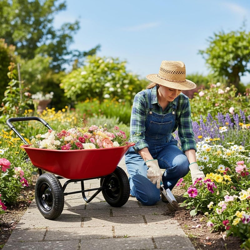 ERGOMASTER Dual-Wheel Wheelbarrow, Home Utility Garden Cart, Large Heavy Duty Yard Cart for Gardening (Red) - Image 4